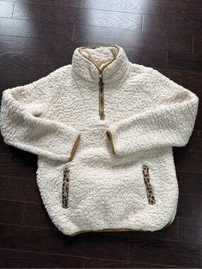 Thread & Supply Cream Sherpa Pullover with Leopard Trim